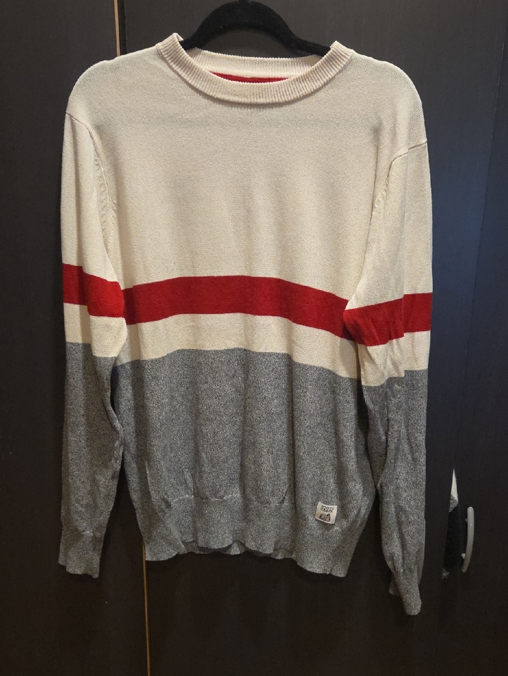 Roots Crewneck Sweater in Cream, Red & Gray Stripe
